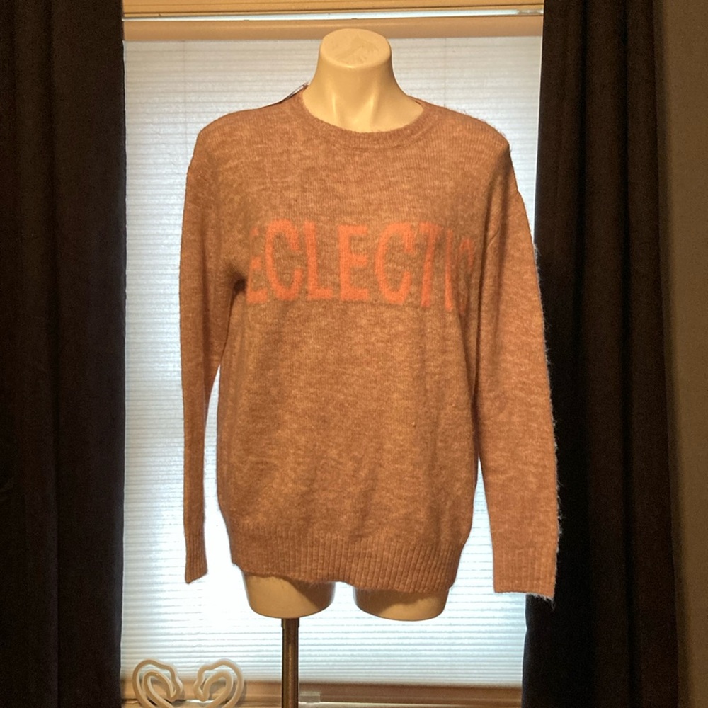 For The Republic fuzzy purple sweater with knit “ECLECTIC” graphic size S NWT